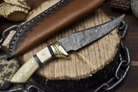 Twist Damascus Skinner Knife with Bone Handle and Brass Guard – Handmade Collectible Outdoor Blade with Leather Sheath