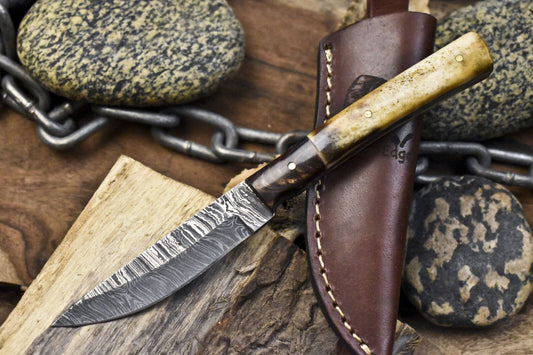 Twist Damascus Skinner Knife with Bone Handle and Micarta Bolster – Hand Forged Fishing and Hunting Blade