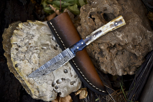 Twist Damascus Skinner Knife with Bone Handle and Micarta Bolster – Handmade Forged Outdoor Sports Blade with Leather Sheath