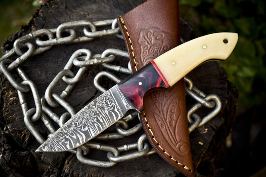 Twist Damascus Skinner Knife with Bone Handle and Micarta Bolster – Handmade Hunting Sports Knife