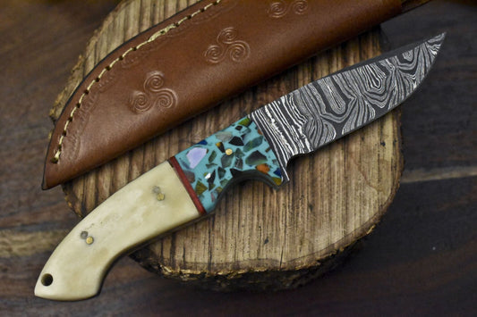 Twist Damascus Skinner Knife with Bone Handle and Micarta Bolster – Handmade Hunting and Hiking Blade