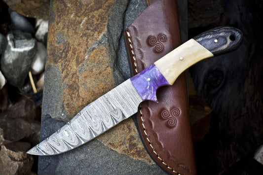 Twist Damascus Skinner Knife with Bone Handle and Micarta Bolster – Survival Hunting Tool with Leather Sheath