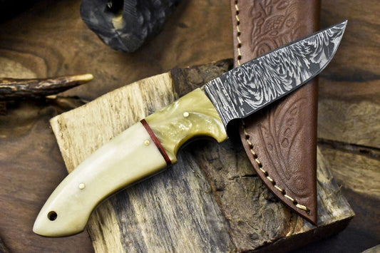 Twist Damascus Skinner Knife with Bone Handle and Micarta Bolster – Tactical Handmade Hunting Knife