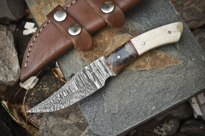  Twist Damascus Skinner Knife with Bone Handle and Micarta Bolster for Hiking