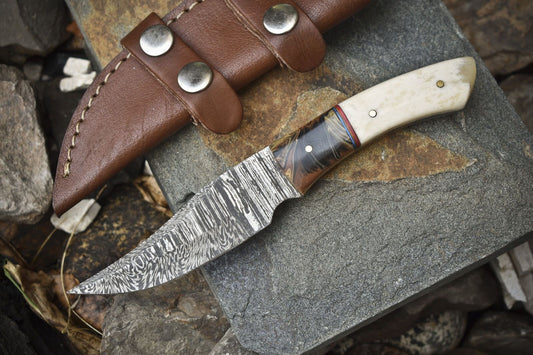  Twist Damascus Skinner Knife with Bone Handle and Micarta Bolster for Hiking