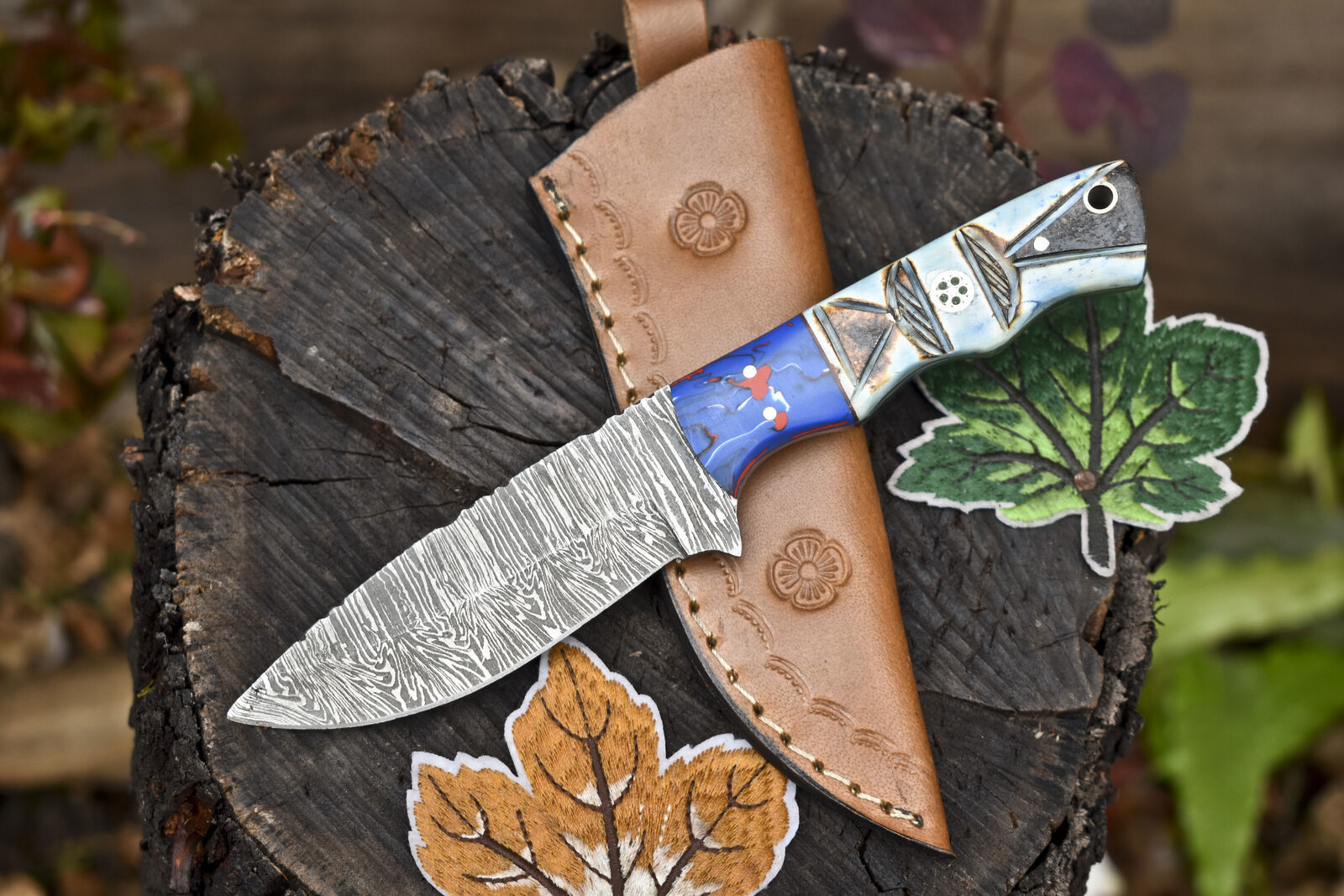 Twist Damascus Skinner Knife with Bone Handle and Micarta Bolster for Hunting