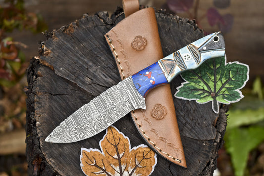 Twist Damascus Skinner Knife with Bone Handle and Micarta Bolster for Hunting