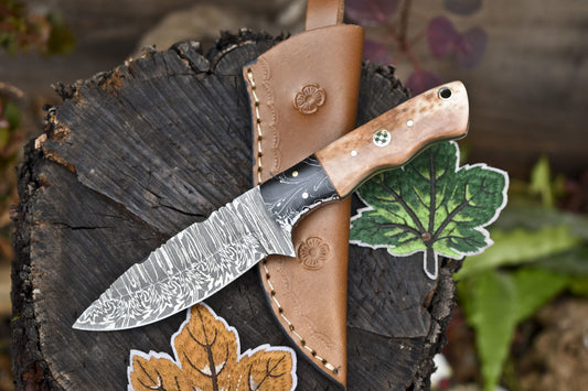 Twist Damascus Skinner Knife with Bone Handle and Micarta Bolster for Hunting and Camping
