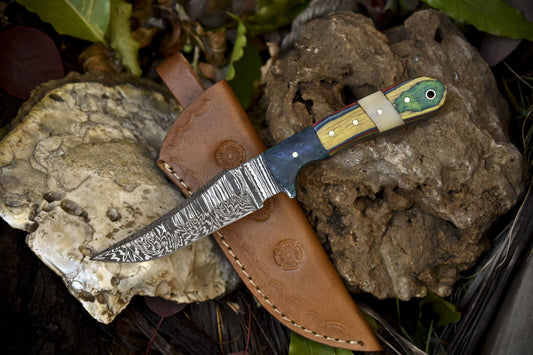 Twist Damascus Skinner Knife with Bone and Wood Handle and Leather Sheath

