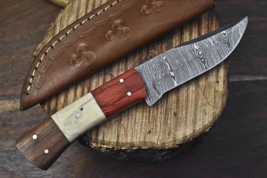 Twist Damascus Skinner Knife with Bone and Wood Handle for Camping & EDC Use