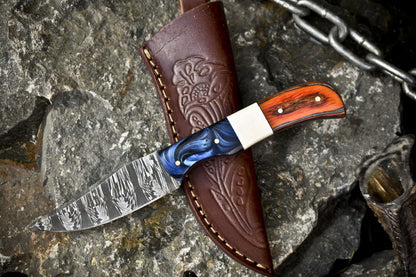Twist Damascus Skinner Knife with Bone and Wood Handle for Hiking and Hunting