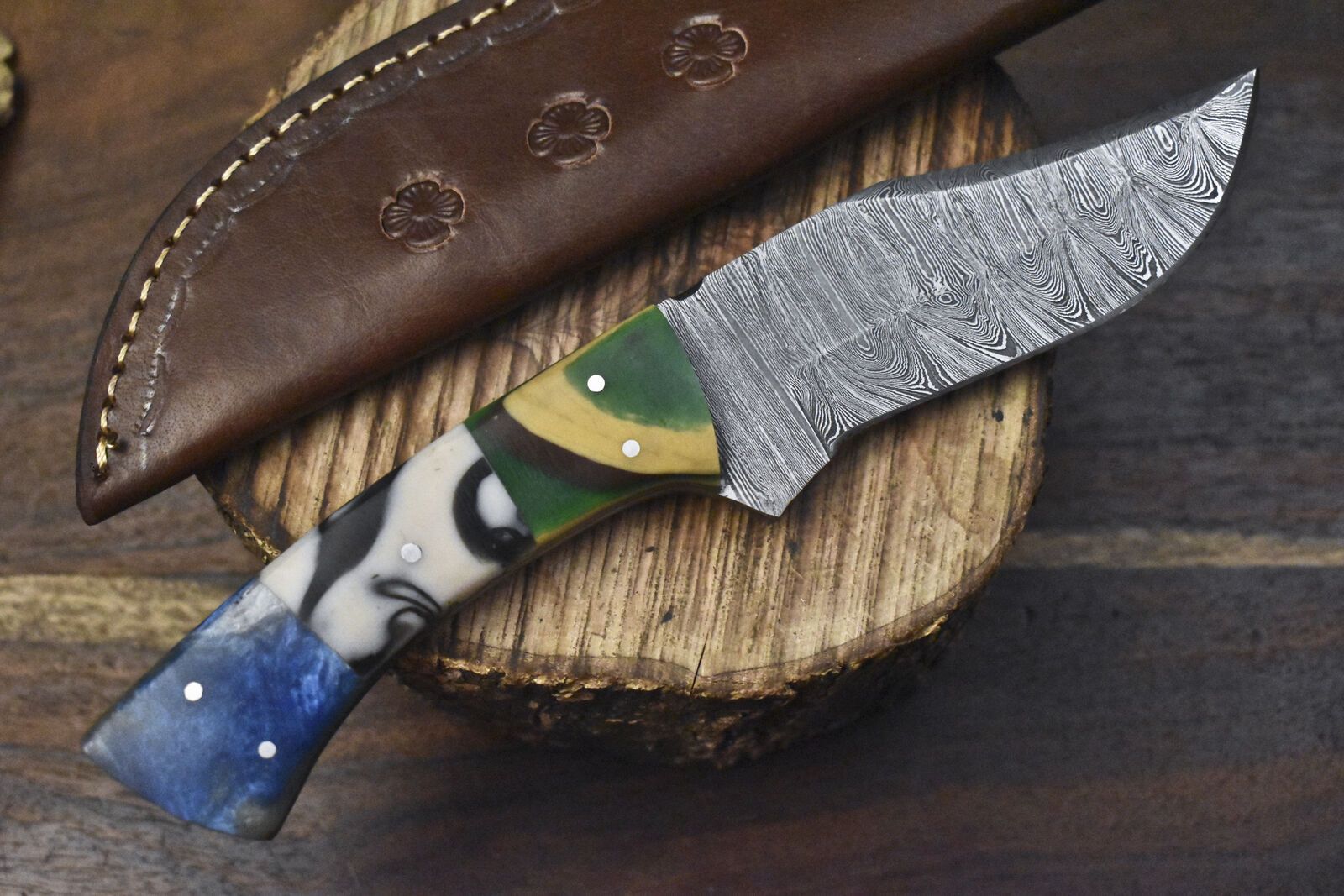 Twist Damascus Skinner Knife with Corain Handle and Micarta Bolster for Sports Hunting