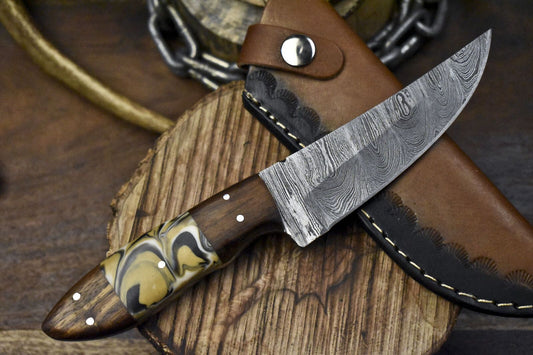 Twist Damascus Skinner Knife with Corain Handle and Wooden Bolster for Hiking & Hunting