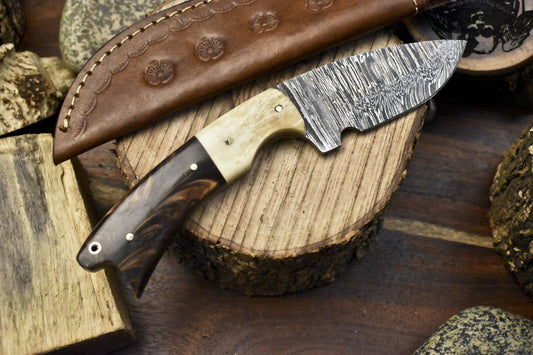Twist Damascus Skinner Knife with Corian Handle – 10 Inch Handmade Hunting Blade with Sheath