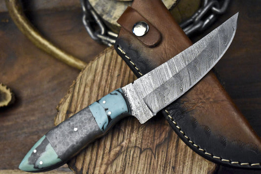 Twist Damascus Skinner Knife with Corian Handle – Handmade EDC Fixed Blade