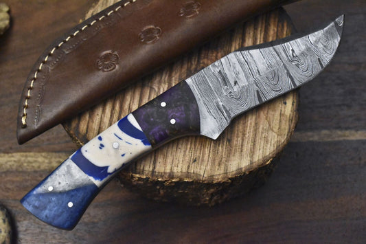 Twist Damascus Skinner Knife with Corian Handle – Handmade Hiking and Hunting Blade