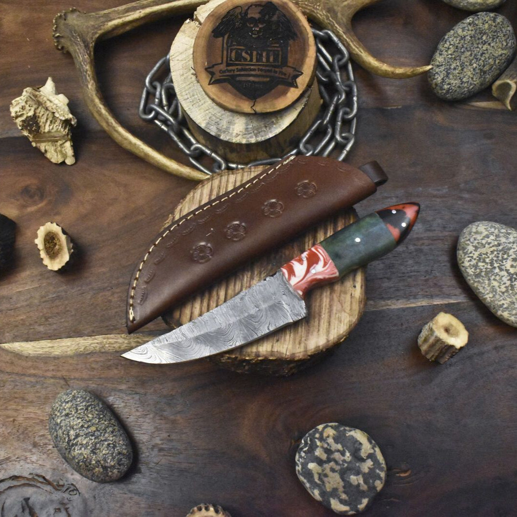 Twist Damascus Skinner Knife with Corian Handle and Micarta Bolster – Hand Forged Hunting Blade