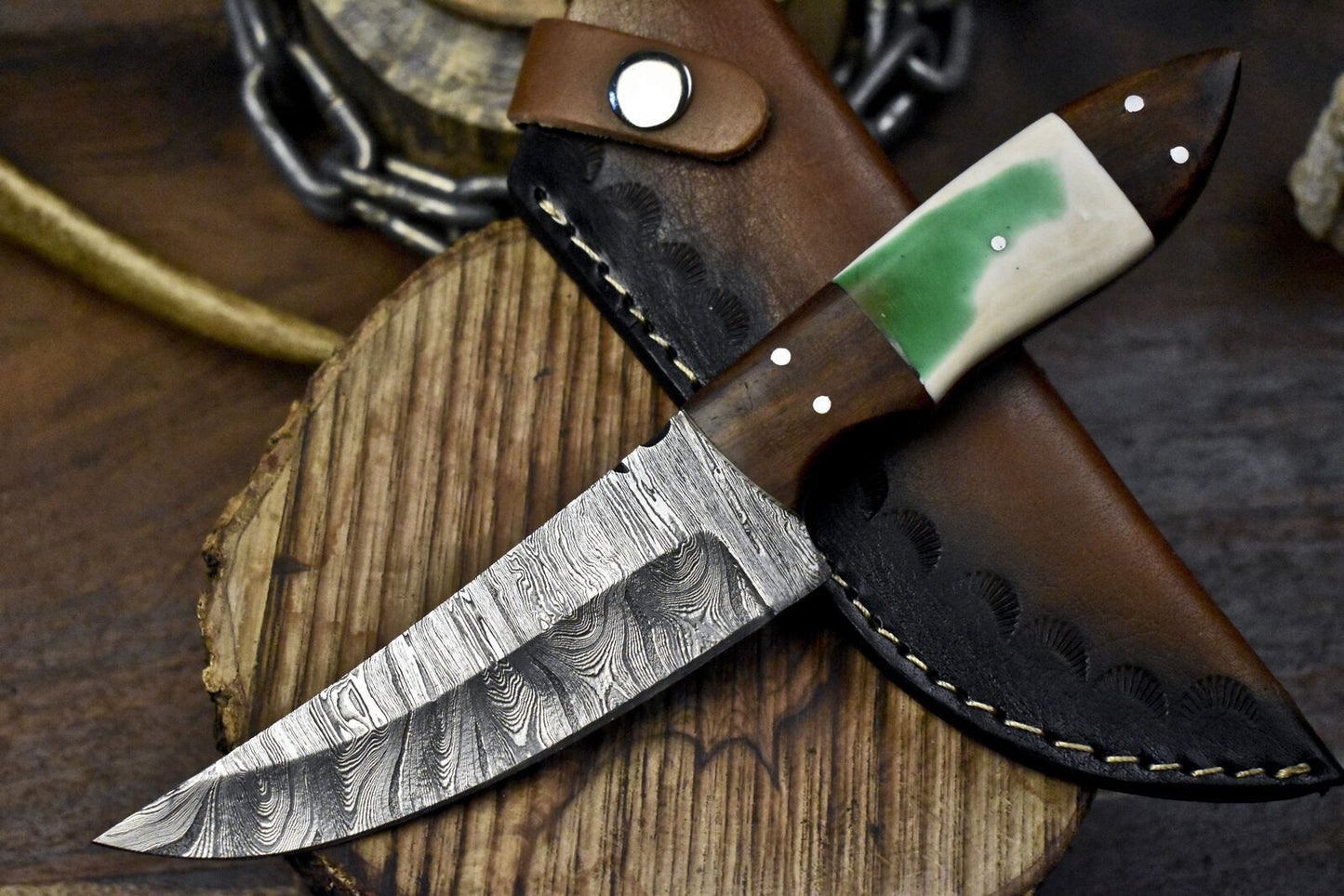 Twist Damascus Skinner Knife with Corian Handle and Micarta Bolster for Hunting
