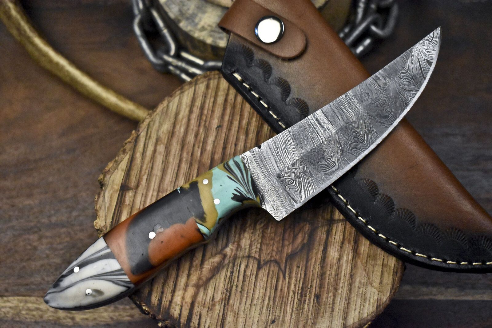 Twist Damascus Skinner Knife with Corian Handle and Micarta Bolster for Survival Use