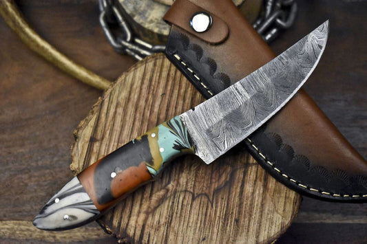 Twist Damascus Skinner Knife with Corian Handle and Micarta Bolster for Survival Use