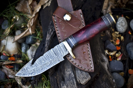 Twist Damascus Skinner Knife with Gut Hook and Corain Handle – Custom Handmade Hunting Blade