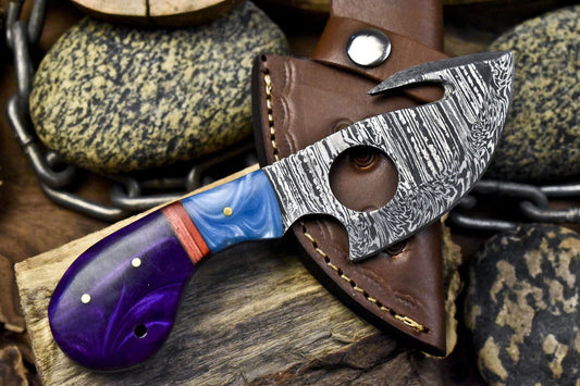 Twist Damascus Skinner Knife with Gut Hook and Corian Handle – Custom Handmade Hunter with Leather Sheath