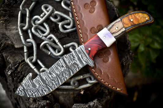 Twist Damascus Skinner Knife with Gut Hook and Hard Wood Handle – 9" Handmade Hunting Knife for Camping with Sheath