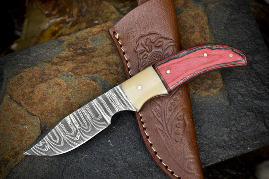 Twist Damascus Skinner Knife with Hard Wood Handle | Custom Handmade Outdoor Hunting Knife