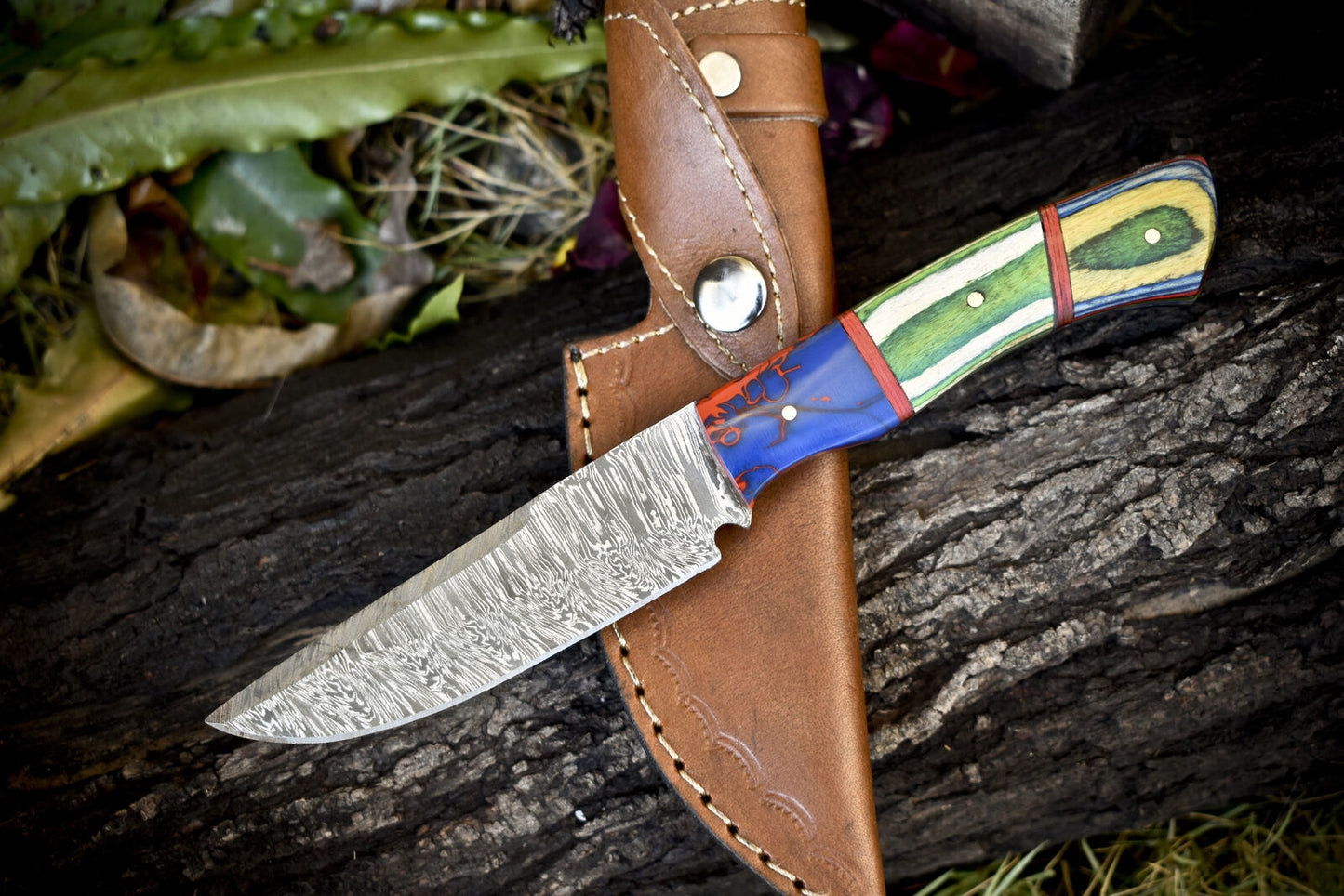 Twist Damascus Skinner Knife with Hard Wood Handle and Micarta Bolster for Hiking