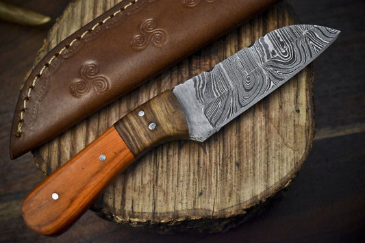 Twist Damascus Skinner Knife with Hard Wood Handle and Wooden Bolster Tactical Tool
