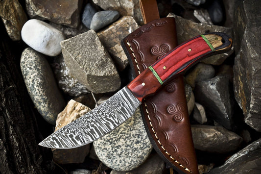Twist Damascus Skinner Knife with Hardwood Handle – 8.5" Hand Forged EDC Hunting Knife