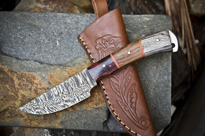 Twist Damascus Skinner Knife with Hardwood Handle – Custom Hand Forged Hunting Knife