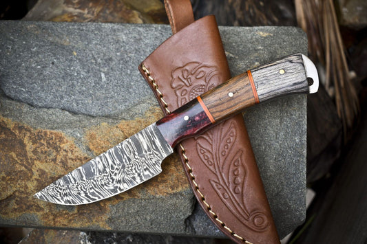 Twist Damascus Skinner Knife with Hardwood Handle – Custom Hand Forged Hunting Knife