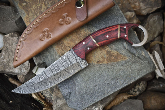 Twist Damascus Skinner Knife with Hardwood Handle – Handmade Camping Hunting Blade