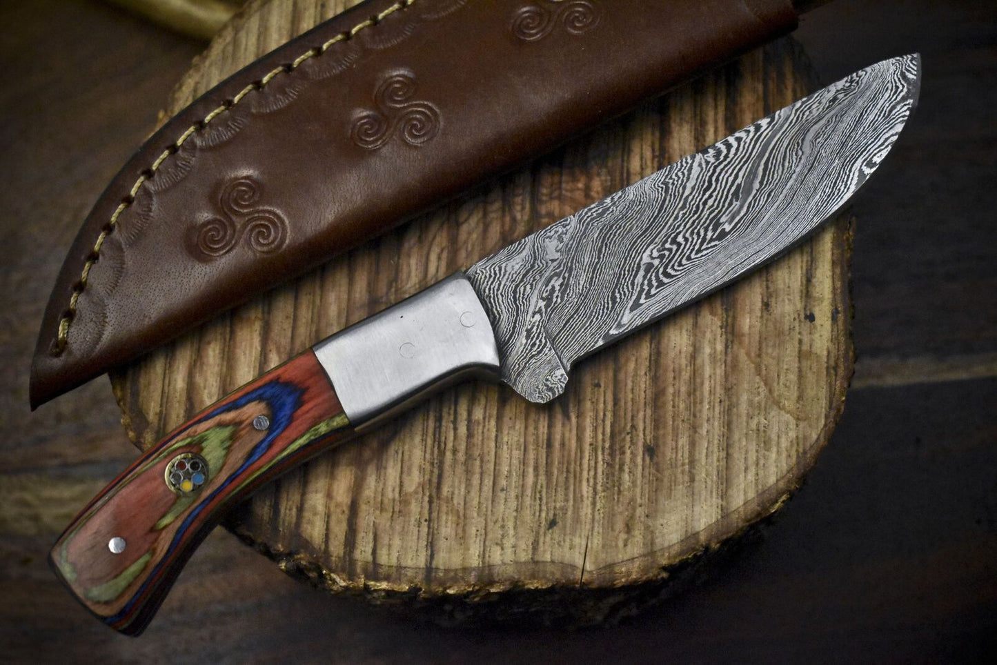 Twist Damascus Skinner Knife with Hardwood Handle Handmade Fishing Blade