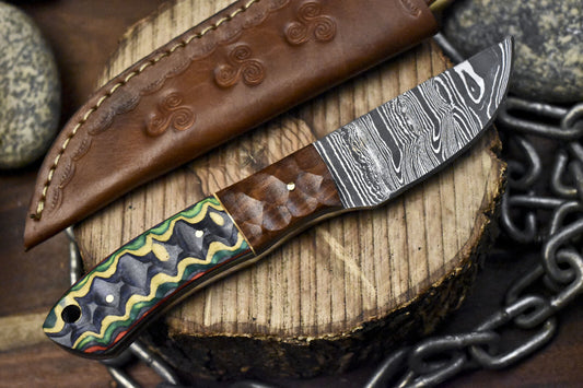 Twist Damascus Skinner Knife with Hardwood Handle – Handmade Hunting Gift