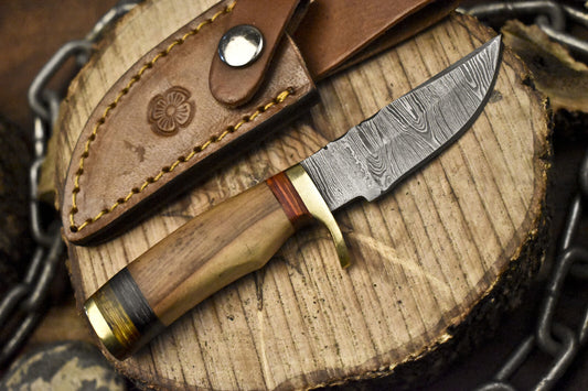 Twist Damascus Skinner Knife with Hardwood Handle and Brass Guard – 6 Inch Camping and Hunting Blade with Leather Sheath