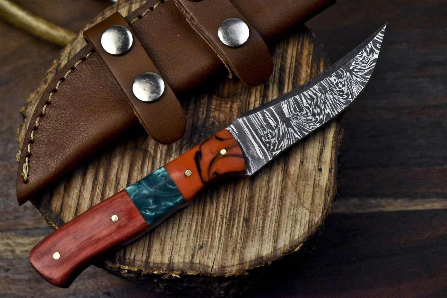 Twist Damascus Skinner Knife with Hardwood Handle and Micarta Bolster – Custom Gift Knife