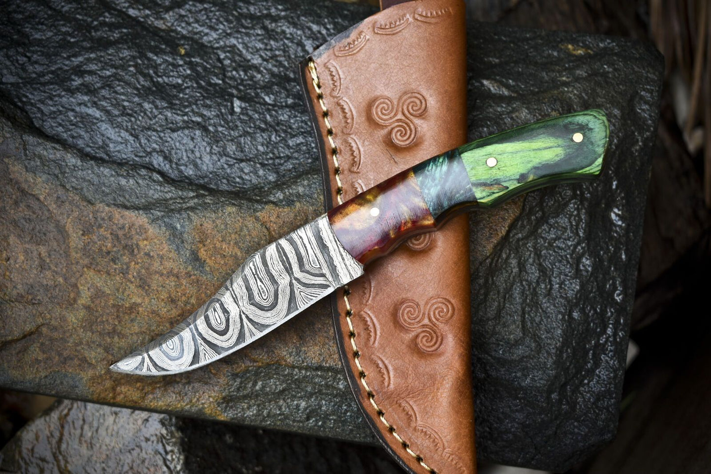 Twist Damascus Skinner Knife with Hardwood Handle and Micarta Bolster – Handmade Gift Knife for Hunting and Outdoors

