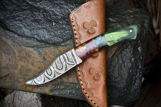 Twist Damascus Skinner Knife with Hardwood Handle and Micarta Bolster – Handmade Gift Knife for Hunting and Outdoors

