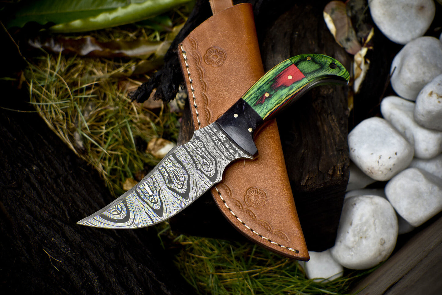Twist Damascus Skinner Knife with Hardwood Handle and Micarta Bolster for Hunting and Camping