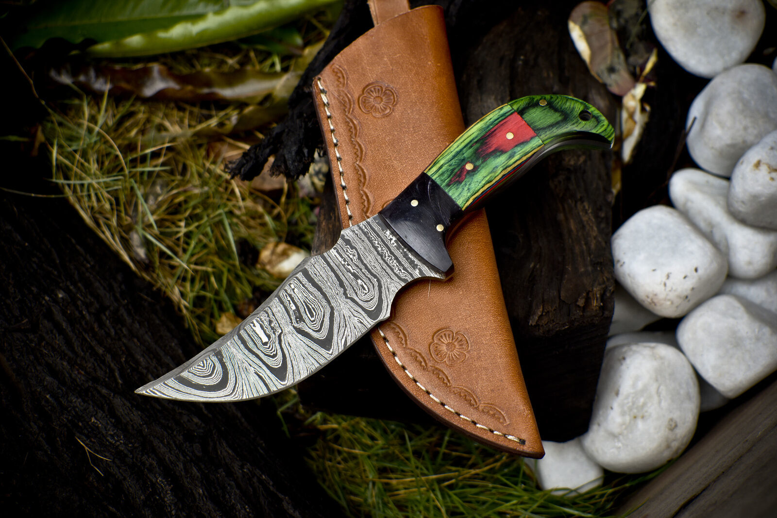 Twist Damascus Skinner Knife with Hardwood Handle and Micarta Bolster for Hunting and Camping