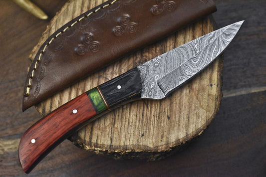 Twist Damascus Skinner Knife with Hardwood Handle and Wooden Bolster – 8.5" Tactical Handmade Blade