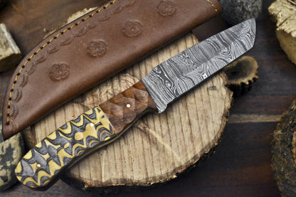 Twist Damascus Skinner Knife with Hardwood Handle and Wooden Bolster – 9 Inch Outdoor Hunting Blade with Leather Sheath