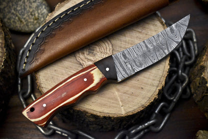 Twist Damascus Skinner Knife with Hardwood Handle and Wooden Bolster – Unique EDC Blade