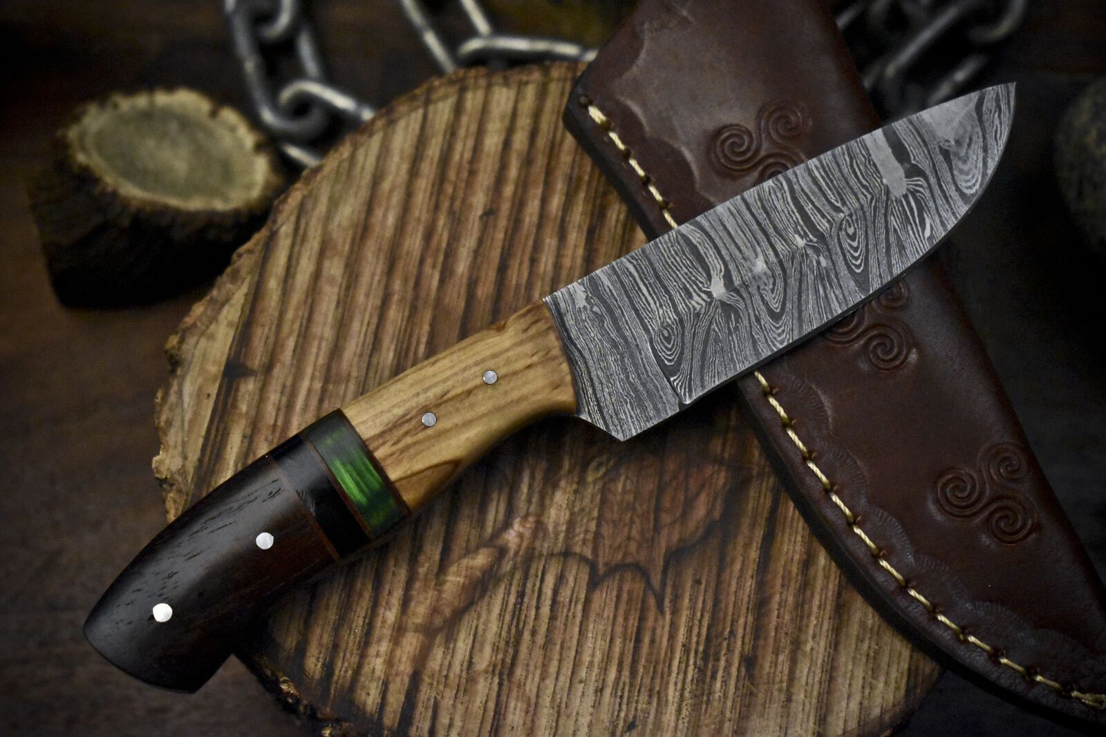 Twist Damascus Skinner Knife with Hardwood Handle and Wooden Bolster for Hunting