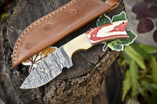 Twist Damascus Skinner Knife with Hardwood Handle for EDC Hunting and Camping
