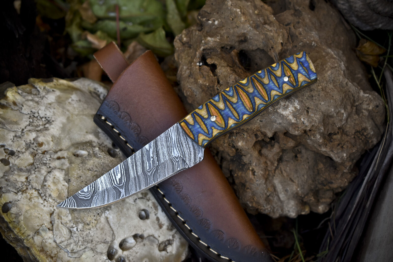Twist Damascus Skinner Knife with Hardwood Handle for Hunting and Collecting