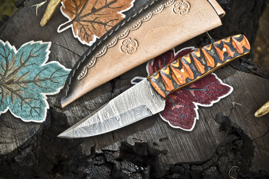 Twist Damascus Skinner Knife with Hardwood Handle for Survival and Camping