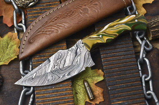 Twist Damascus Skinner Knife with Micarta Handle – 8.5 Inch Hunting and Sports Blade with Leather Sheath